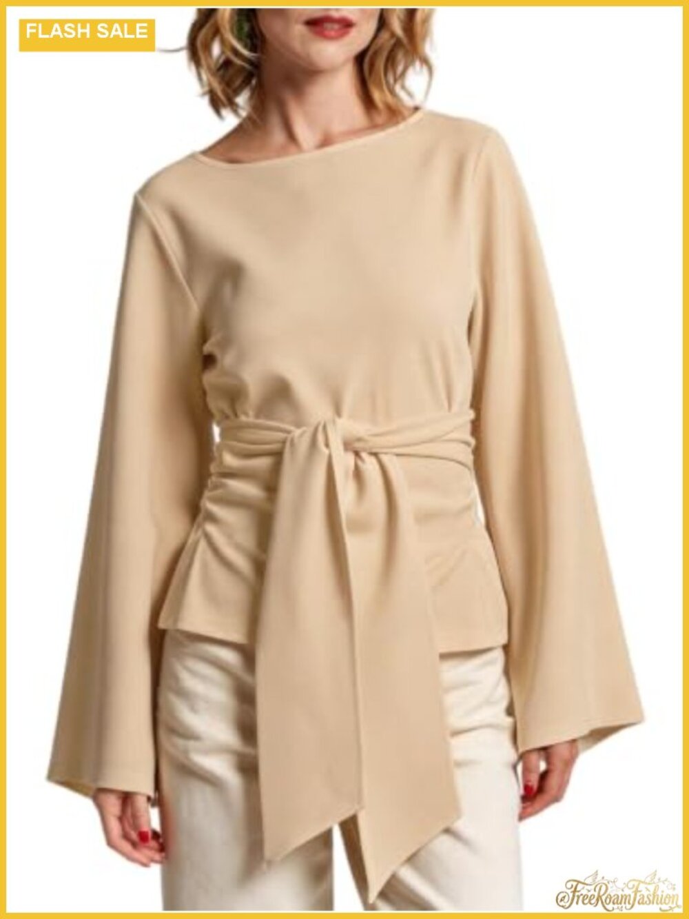 Women's Cotton Wrap Tunic Long Trumpet Sleeve Boat Neck Tie Waist Belted Blouse